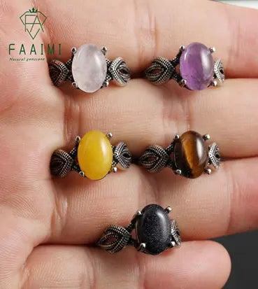 Handmade Natural Stone Gemstone Rings with Copper & Silver, Stone Size 8*10mm, No. 63 ABC Rugs Kilims